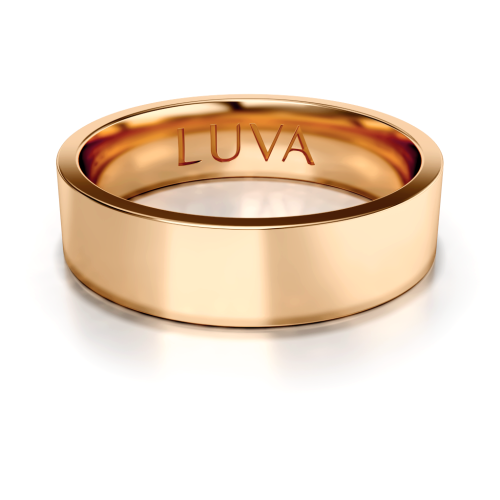 Obrączka o profilu płaskim, różowe złoto, wysoki połysk, polerowana, z soczewką Luva.