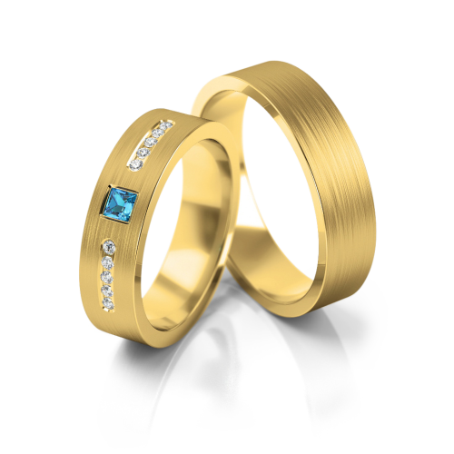 Obrączki ślubne z żółtego złota B38, płaskie, matowe, z kamieniami, wielokamieniowe, Luva.