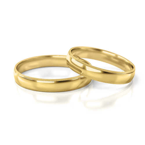 Obrączki ślubne z żółtego złota, półokrągłe, z soczewką, zdobione brzegi, grawerowane brzegi, Luva.
