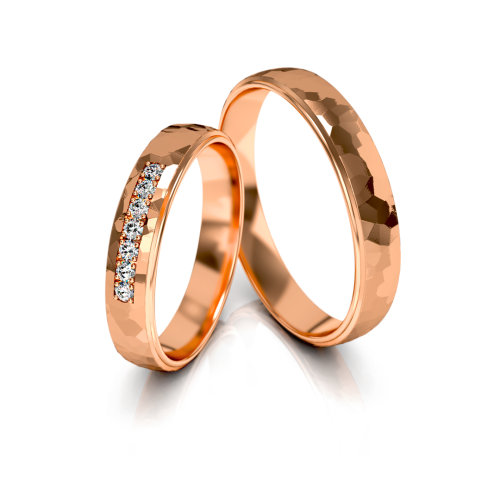 Obrączki ślubne z czerwonego złota, młotkowane wykończenie, wysoki połysk, damska obrączka z kamieniami, brylant, kryształ preciosa, B118, Luva Jubiler