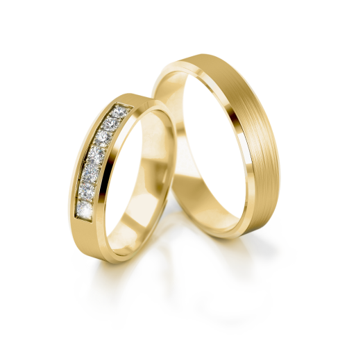 Para obrączek fazowanych o matowym wykończeniu oraz z oprawą kamieni na damskiej obrączce - Luva B114