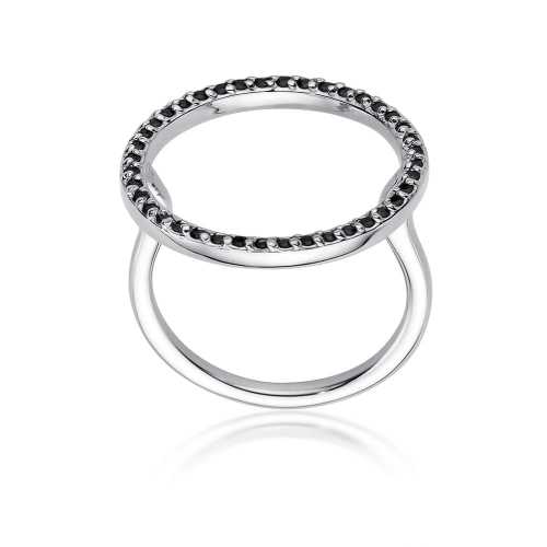 Biały pierścionek z czarnymi brylantami oprawionymi dookoła okręgu Luva D538
