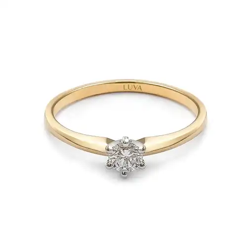 Klasyczny pierścionek zaręczynowy z diamentem 0,17ct, żółte złoto, biała korona, Luva