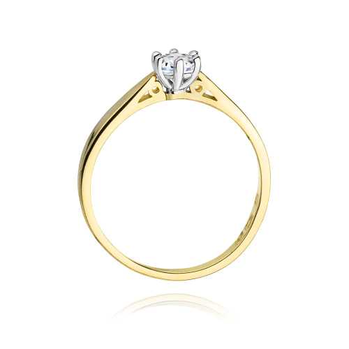 Pierścionek z żółtego złota z prostą obrączką, zdobiony pod koroną, diament 0,25ct, zaręczyny