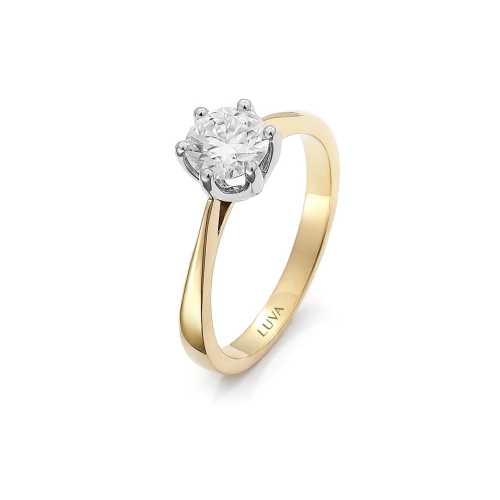 Pierścionek z diamentem 0,70 ct, żółte złoto, biała korona, klasyczny na zaręczyny