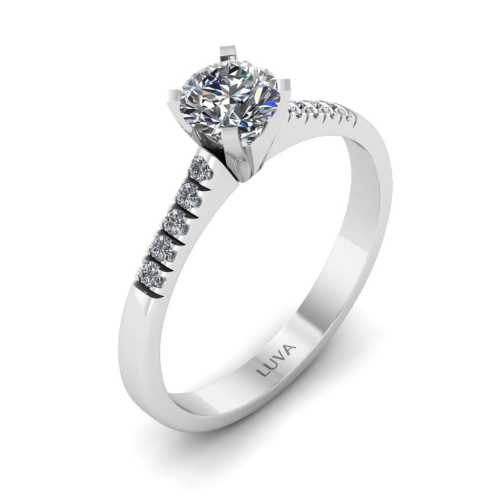 Pierścionek z białego złota z brylantem 0,50 ct w 4 krapach, 10 małych brylantów, Luva