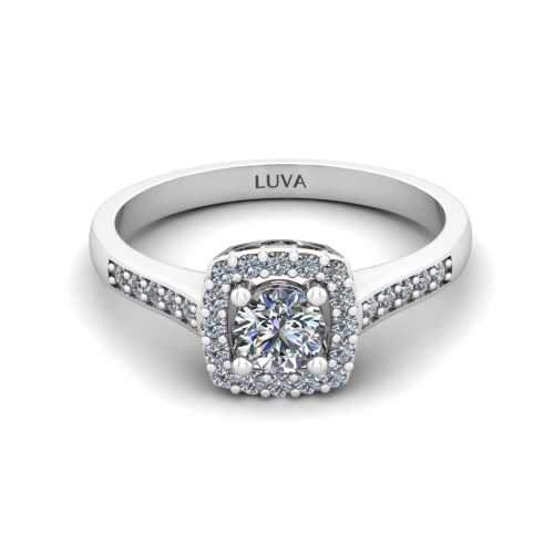 Pierścionek zaręczynowy w kwadratowym kształcie, diamenty w ramce dookoła oraz w szynie, białe złoto, Luva