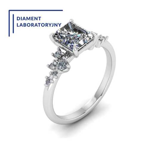 Luksusowy pierścionek zaręczynowy z białego złota z diamentem laboratoryjnym i bocznymi kamieniami
