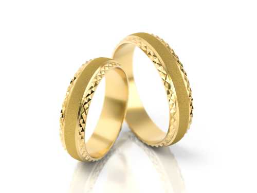 Obrączki ślubne z żółtego złota - S13, profil półokrągły, z oryginalnym matem i grawerowanymi brzegami w połysku, Luva.