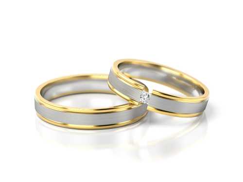 Komplet delikatnych i nowoczesnych obrączek ślubnych B70, z dwukolorowego złota, w macie, z kamieniem, Luva.