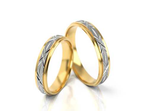 Obrączki ślubne z dwukolorowego złota F1, żółte złoto polerowane, białe złoto z pięknymi nacięciami, Luva.