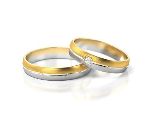 Komplet delikatnych obrączek ślubnych B50 z białego i żółtego złota, z diamentem w kwadratowej oprawie i nacięciem, Luva.