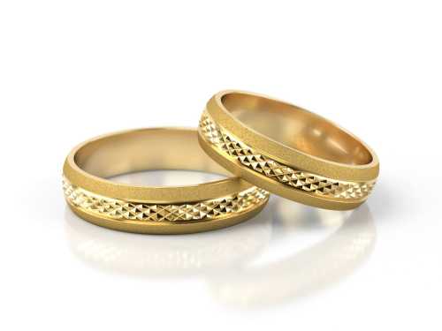 Para obrączek ślubnych z żółtego złota, z pięknie błyszczącym wzorem, Luva.