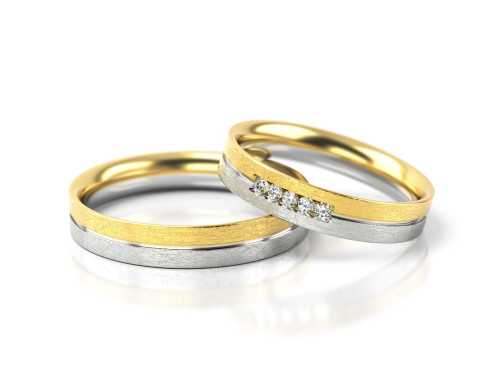 Komplet delikatnych obrączek ślubnych B69 z białego i żółtego złota, z matowym wykończeniem i brylantami w damskiej, Luva.
