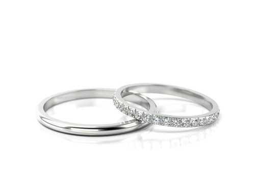 Komplet wyjątkowo delikatnych i wąskich obrączek ślubnych B99  z białego złota, półokrągłe, z kamieniami dookoła, Luva.