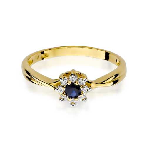 Pierścionek zaręczynowy D118 z żółtego złota z brylantami i szafirem 0,15 ct, oprawa na kształt kwiatu, Luva.