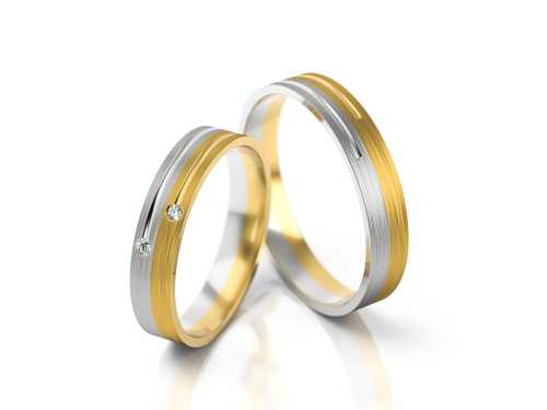Obrączki ślubne z dwukolorowego złota B41, płaskie, pół na pół, z nacięciami, brylantami i matowym wykończeniem, Luva.