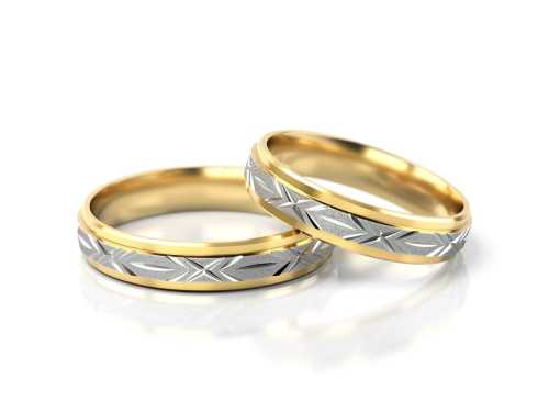 Komplet obrączek ślubnych F1, z białego i żółtego złota, z nacięciami, w macie i połysku, Luva.