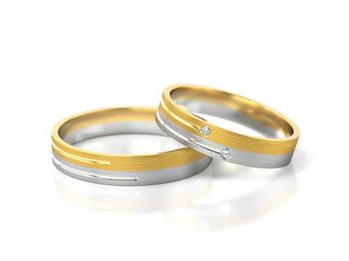 Komplet płaskich obrączek ślubnych B41 w dwukolorze pół na pół, z nacięciami i brylantami w damskiej, Luva.