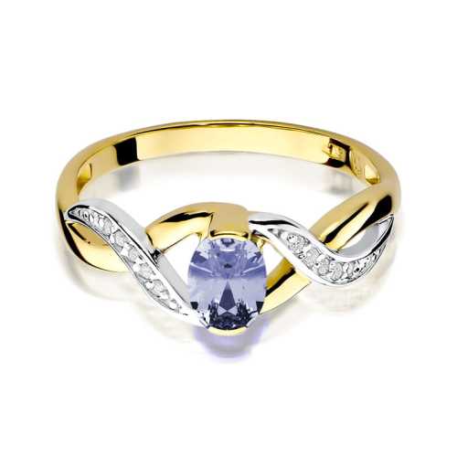 Pierścionek zaręczynowy D049 z żółtego złota z tanzanitem 0,40ct i brylantami, w kształcie fali, Luva.