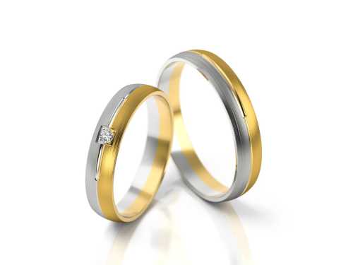 Obrączki ślubne z dwukolorowego złota B50, półokrągłe, z matowym wykończeniem i kamieniem w kwadratowej oprawie, Luva.