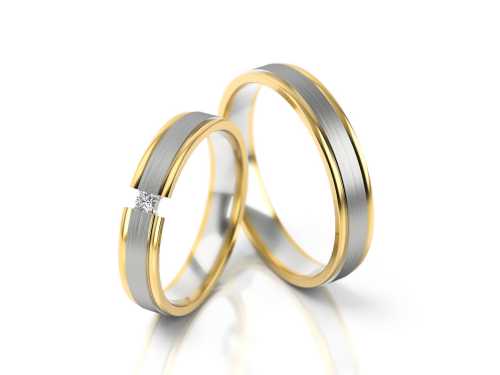 Obrączki ślubne z dwukolorowego złota B70, białe i żółte złoto, wąskie i z pięknie zawieszonym brylantem w damskiej, Luva.