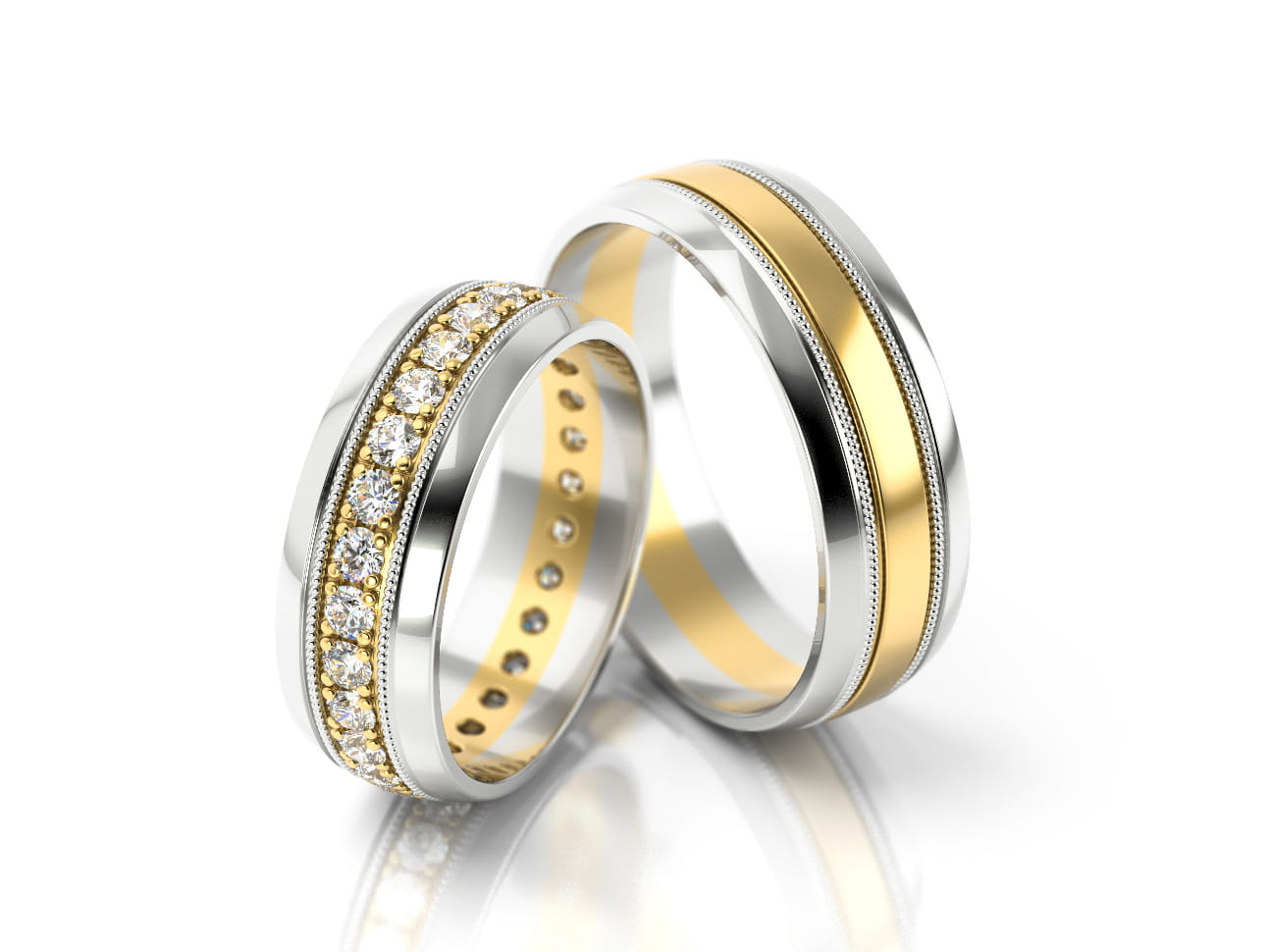 Szerokie, dwukolorowe obrączki z diamentami na obwodzie